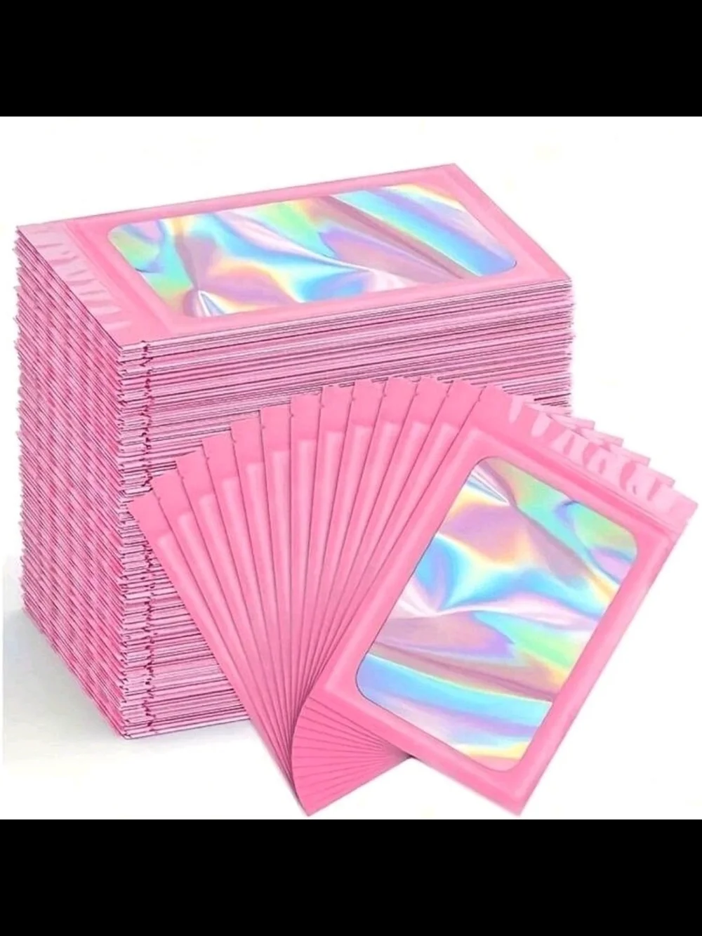 50 Pcs Pink Holographic Reusable Resealable Storage Pouches / Packaging Bags MED